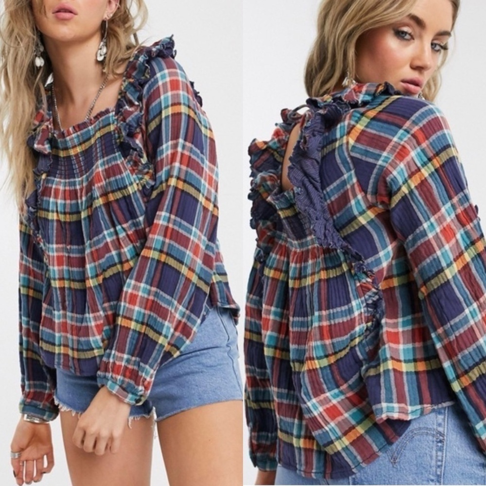 Free People We the Free Siena Plaid Cotton Top in Navy Combo Sz. XS